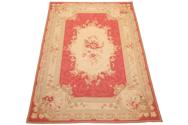 6x9 Fuschsia, Beige, Mint Color Hand Knotted French Aubusson Needlepoint Wool Traditional Oriental Rug