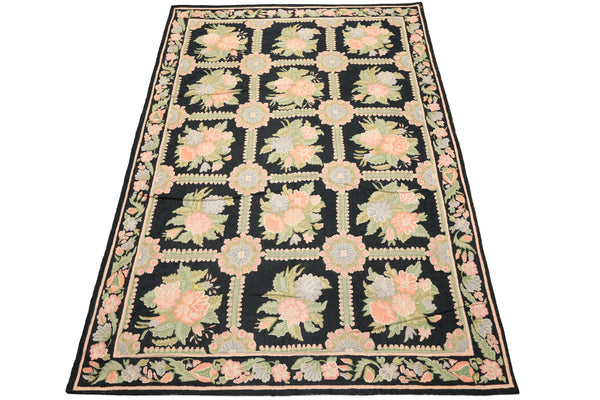 6x9 Charcoal, Green, Rose Color Hand Woven Chainstitch Wool Traditional Oriental Rug