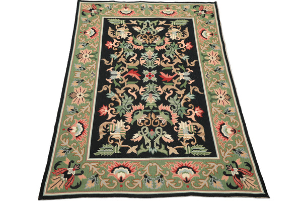 6x9 Black, Mint, Blush Color Hand Woven Portugese Needlepoint Wool Traditional Oriental Rug