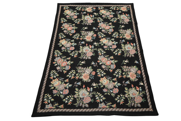 6x9 Charcoal, Mint, Rose Color Hand Woven Portugese Needlepoint Wool Traditional Oriental Rug