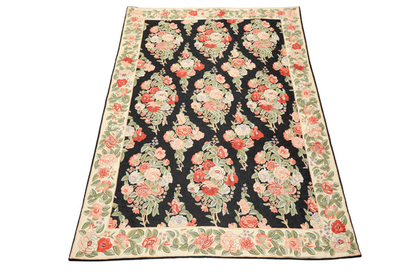 6x9 Charcoal, Sage, Ivory Color Hand Woven Chainstitch Needlepoint Wool Traditional Oriental Rug