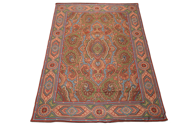 6x9 Green, Aqua, Bown Color Hand Woven Chainstitch Needlepoint Wool Traditional Oriental Rug