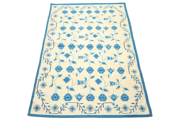 6x9 Ivory, Blue, Color Hand Woven Kilim Wool Transitional Oriental Rug