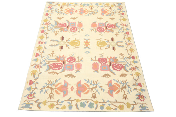 6x9 Ivory, Rose, Peach Color Hand Woven Kilim Wool Transitional Oriental Rug
