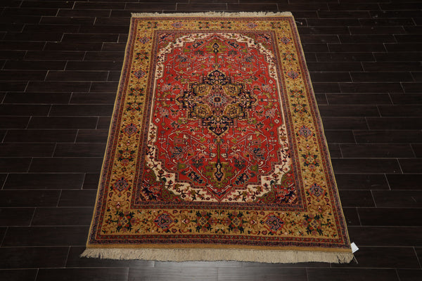 6x9 Orange, Navy, Gold Color Hand Knotted Serapi New Zealand Wool Traditional Oriental Rug