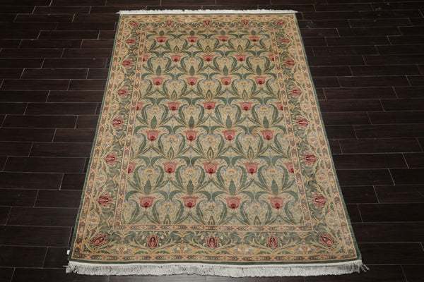 6x9 Aqua, Ivory, Light Color Hand Knotted Arts & Crafts New Zealand Wool William Morris Oriental Rug