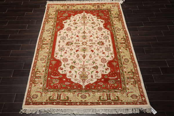 6x9 Ivory, Orange, Pistacchio Color Hand Knotted Kerman New Zealand Wool Traditional Oriental Rug