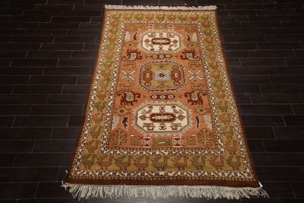 5x9 Peach, Mustard, Ivory Color Hand Knotted Oushak Wool Traditional Oriental Rug