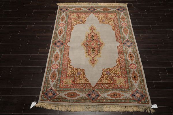 6x9 Gray, Coral, Turquoise Color Hand Knotted Kerman Wool Traditional Oriental Rug