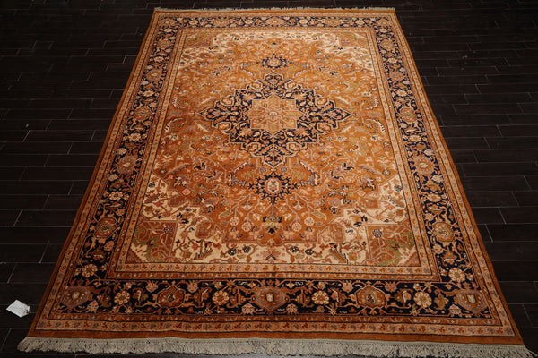 9x13 Caramel, Navy, Ivory Color Hand Knotted Heriz New Zealand Wool Traditional Oriental Rug