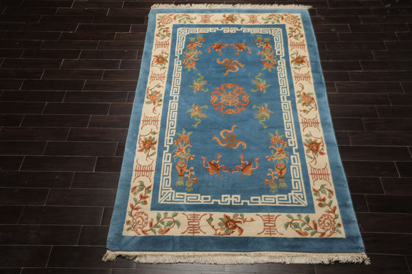 6x9 Blue, Ivory, Peach Color Hand Knotted Chinese Art Deco New Zealand Wool Traditional Oriental Rug