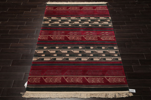 5x8 Plum, Teal, Gray Color Hand Knotted Tibetan New Zealand Wool Art Deco Oriental Rug