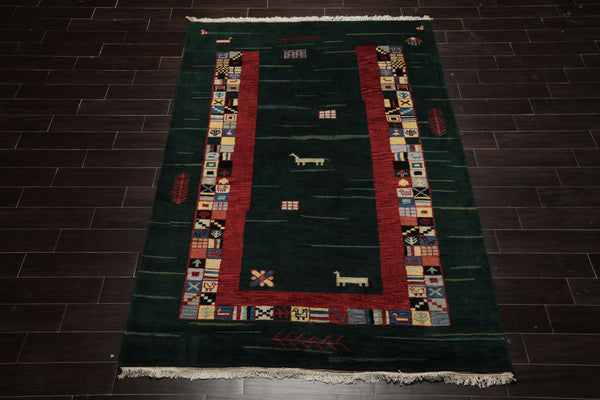 6x8 Green, Rust, Ivory Color Hand Knotted Gabbeh New Zealand Wool Tribal Oriental Rug