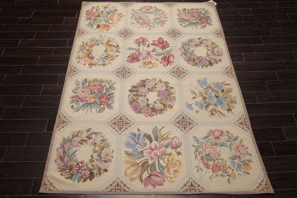 6x9 Ivory, Rose, Blue Color Hand Woven French Needlepoint Wool Traditional Oriental Rug