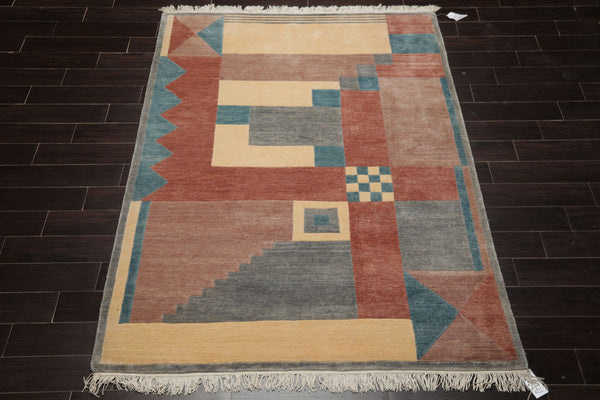 5x8 Gray, Ivory, Taupe Color Hand Knotted Tibetan New Zealand Wool Modern & Contemporary Oriental Rug