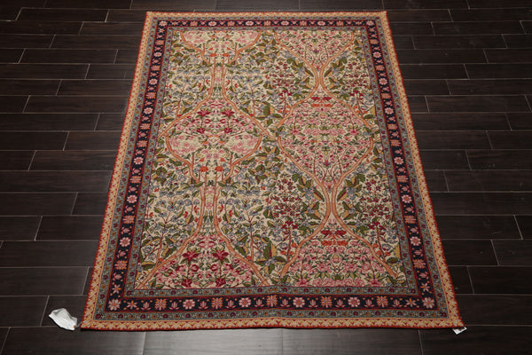 5x8 Ivory, Black, Rose Color Hand Woven French Needlepoint Wool Traditional Oriental Rug