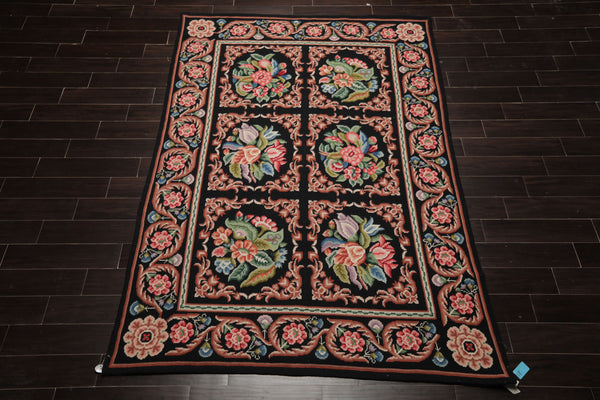 6x9 Black, Rust, Ivory Color Hand Woven Needlepoint Wool Traditional Oriental Rug