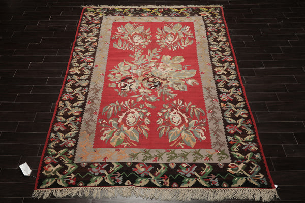 7x11 Crimson, Gray, Brown Color Hand Woven Kilim Wool Arts & Crafts Oriental Rug