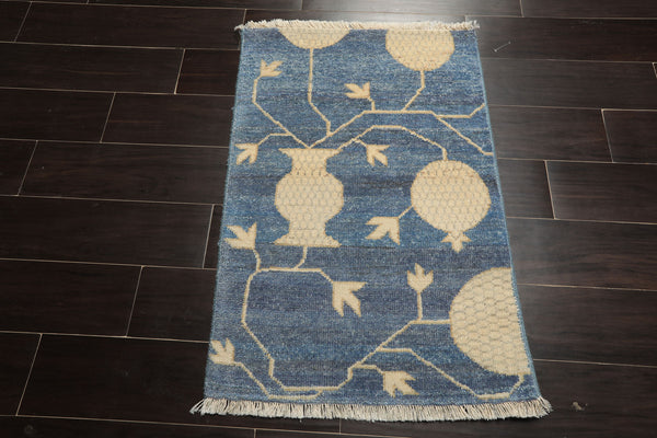 2x3 Blue, Beige, Ivory Color Hand Knotted Afghan Oushak Wool Transitional Oriental Rug