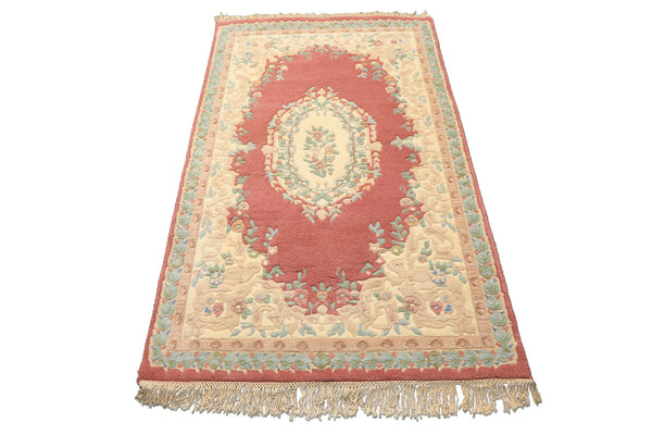 4x6 Rose, Ivory, Aqua Color Hand Knotted French Aubusson Savonnerie Wool Traditional Oriental Rug