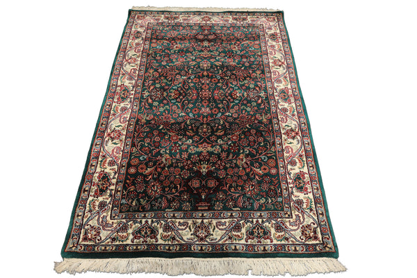 4x6 Emerald, Ivory, Red Color Hand Knotted Kashan Wool Traditional Oriental Rug