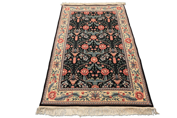 4x6 Black, Ivory, Aqua Color Hand Knotted French Aubusson Savonnerie Wool Traditional Oriental Rug