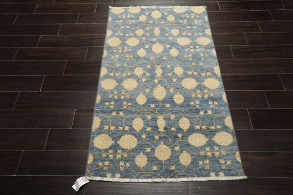 3x5 Blue, Beige, Ivory Color Hand Knotted Afghan Oushak Wool Transitional Oriental Rug