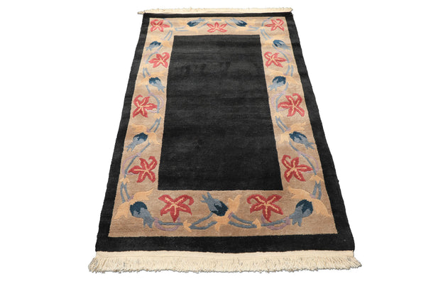 4x6 Charcoal, Tan, Rose Color Hand Knotted Tibetan Wool Transitional Oriental Rug