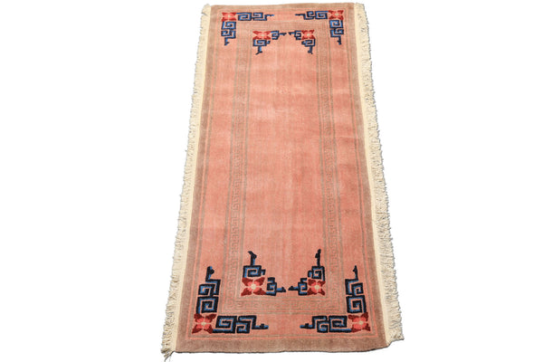 7 Runner Blush, Brown, Navy Color Hand Knotted Tibetan Wool Transitional Oriental Rug
