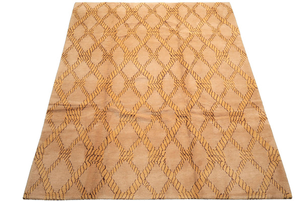 8x10 Tan, Gold, Chocolate Color Hand Knotted Tibetan Wool Transitional Oriental Rug