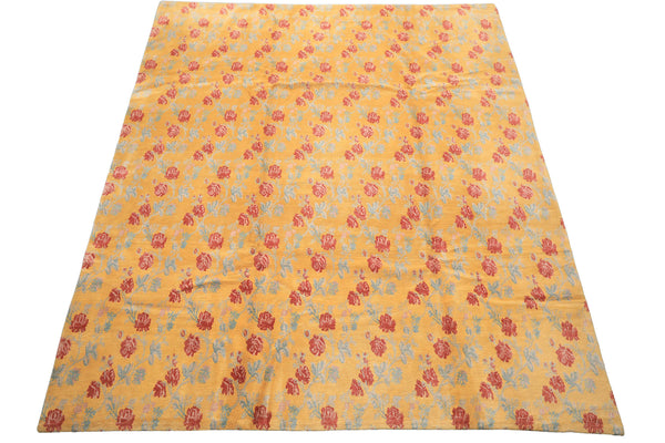 8x10 Gold, Blue, Rust Color Hand Knotted Tibetan Wool Transitional Oriental Rug