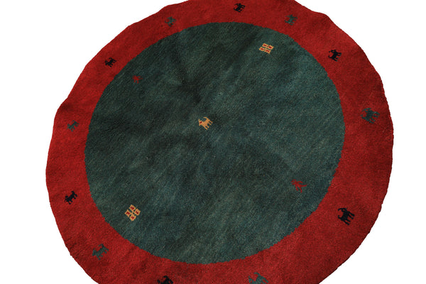 Round Green, Red, Gold Color Hand Knotted Gabbeh Wool Modern & Contemporary Oriental Rug
