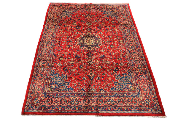7x11 Red, Aqua, Aubergine Color Hand Knotted Sarouk Wool Traditional Oriental Rug