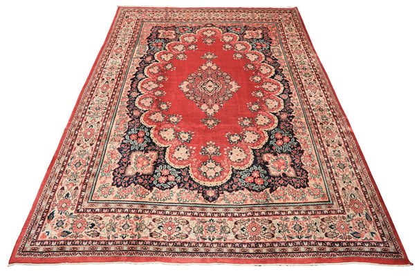 10x14 Coral, Ivory, Blush Color Hand Knotted Sarouk Wool Traditional Oriental Rug