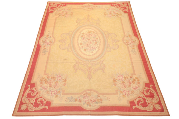 8x11 Pale Gold, Rose, Beige Color Hand Woven French Aubusson Needlepoint Wool Traditional Oriental Rug