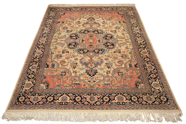 9x12 Ivory, Charcoal, Peach Color Hand Knotted Serapi Wool Traditional Oriental Rug