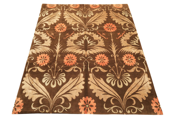 8x10 Brown, Tan, Peach Color Hand Knotted Tibetan Wool & Pure Silk Traditional Oriental Rug
