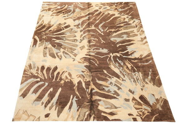 8x10 Brown, Beige, Blue Color Hand Knotted Tibetan Wool & Pure Silk Modern & Contemporay Oriental Rug