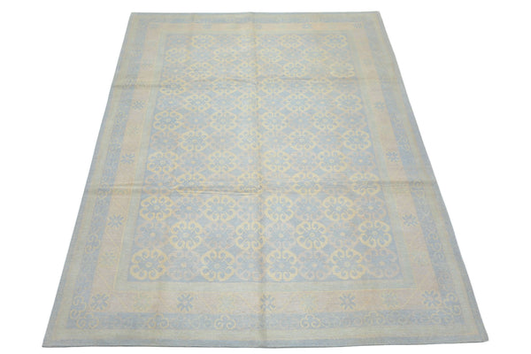 8x10 Blue, Ivory, Seafoam Color Hand Knotted Tibetan Wool Transitional Oriental Rug