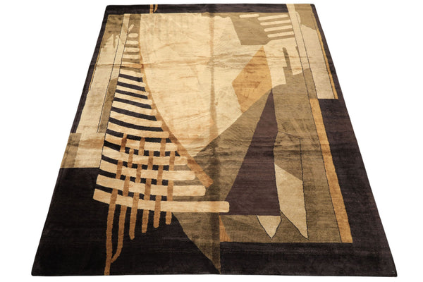 8x10 Charcoal, Olive, Green Color Hand Knotted Tibetan Wool & Pure Silk  Oriental Rug