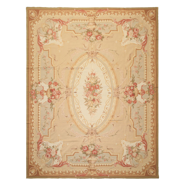 8x10 Tan, Ivory, Green Color Hand Woven French Aubusson Needlepoint Wool Traditional Oriental Rug