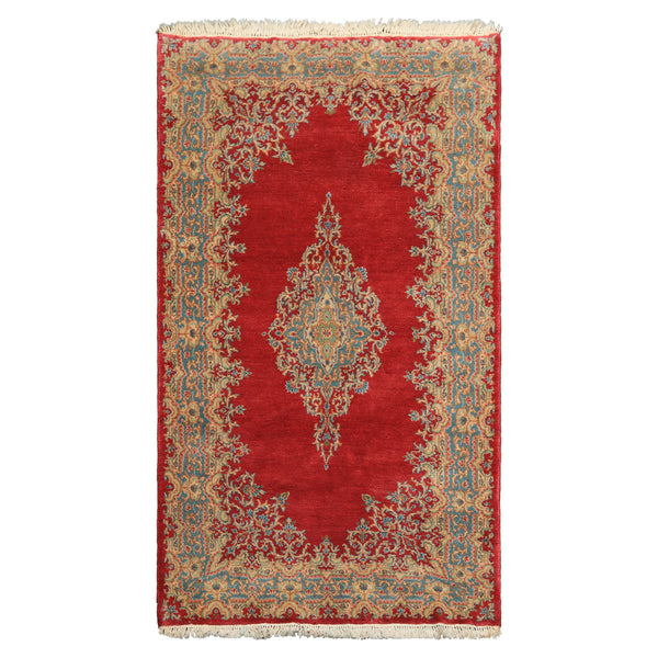 4x7 Coral, Aqua, Gold Color Hand Knotted Kerman Wool Traditional Oriental Rug