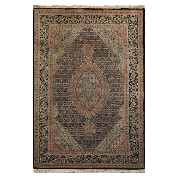 6x9 Black, Blush, Green Color Hand Knotted Tabriz Wool & Silk Traditional Oriental Rug