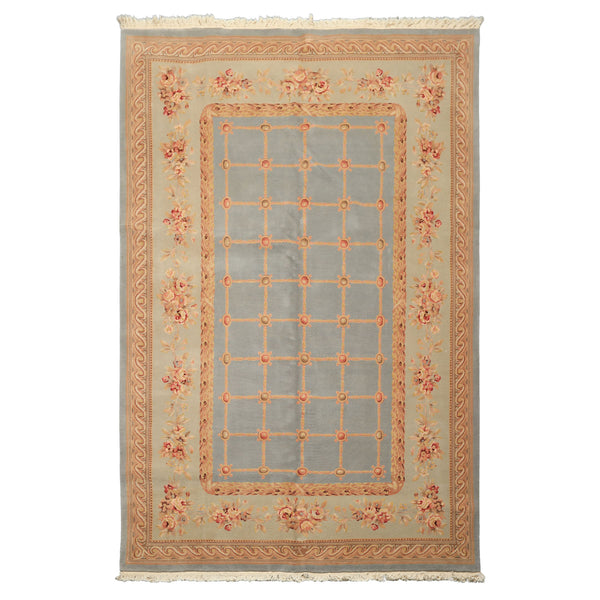 6x9 Aqua, Mint, Tan Color Hand Knotted French Aubusson Savonerrie Wool & Silk Traditional Oriental Rug