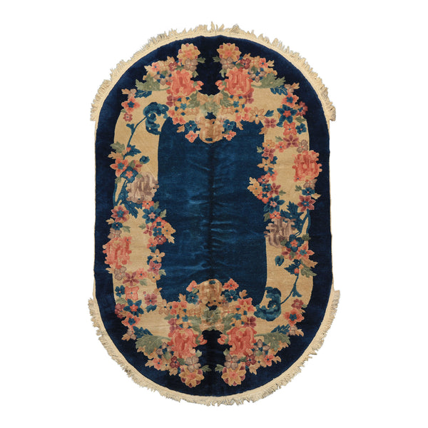 5x8 Navy, Beige, Celadon Color Hand Knotted Chinese Art Deco Wool Traditional Oriental Rug