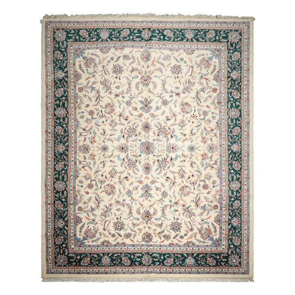 12x15 Cream, Emerald, Blush Color Hand Knotted Kashan Wool Traditional Oriental Rug