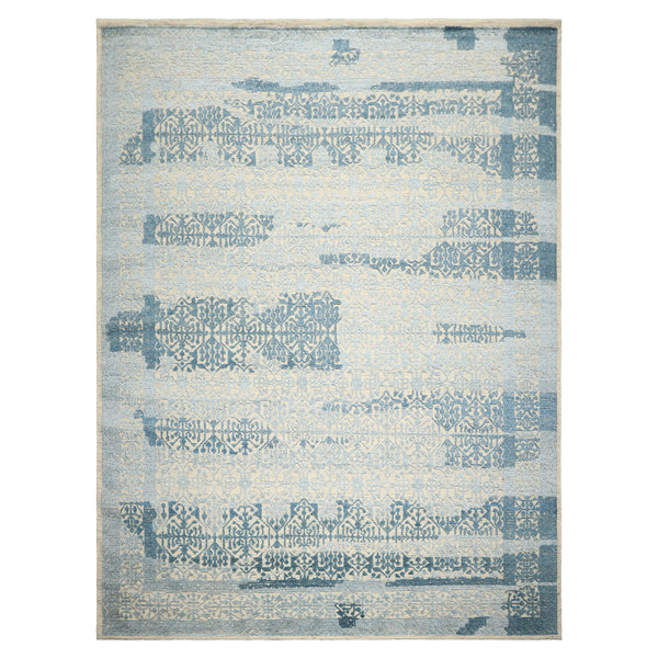 9x12 Blue, Ivory, Color Hand Knotted Oushak Wool & Bamboo Silk Transitional Oriental Rug