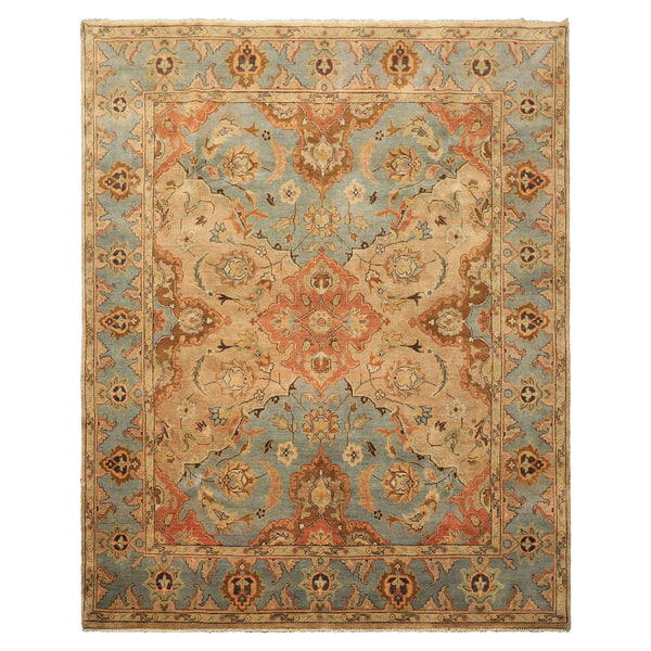 8x10 Tan, Aqua, Beige Color Hand Knotted Oushak Wool Traditional/ Floral Oriental Rug