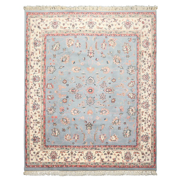 8x10 Baby Blue, Ivory, Pink Color Hand Knotted Kashan Wool Traditional/ Botanical Oriental Rug