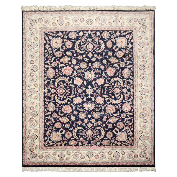 8x10 Midnight Blue, Ivory, Blush Color Hand Knotted Tabriz Wool Traditional Oriental Rug